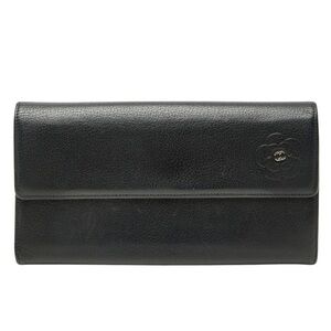 Chanel Camellia Coco Mark Bi-fold Long Wallet, Black Leather, Women's CHANEL